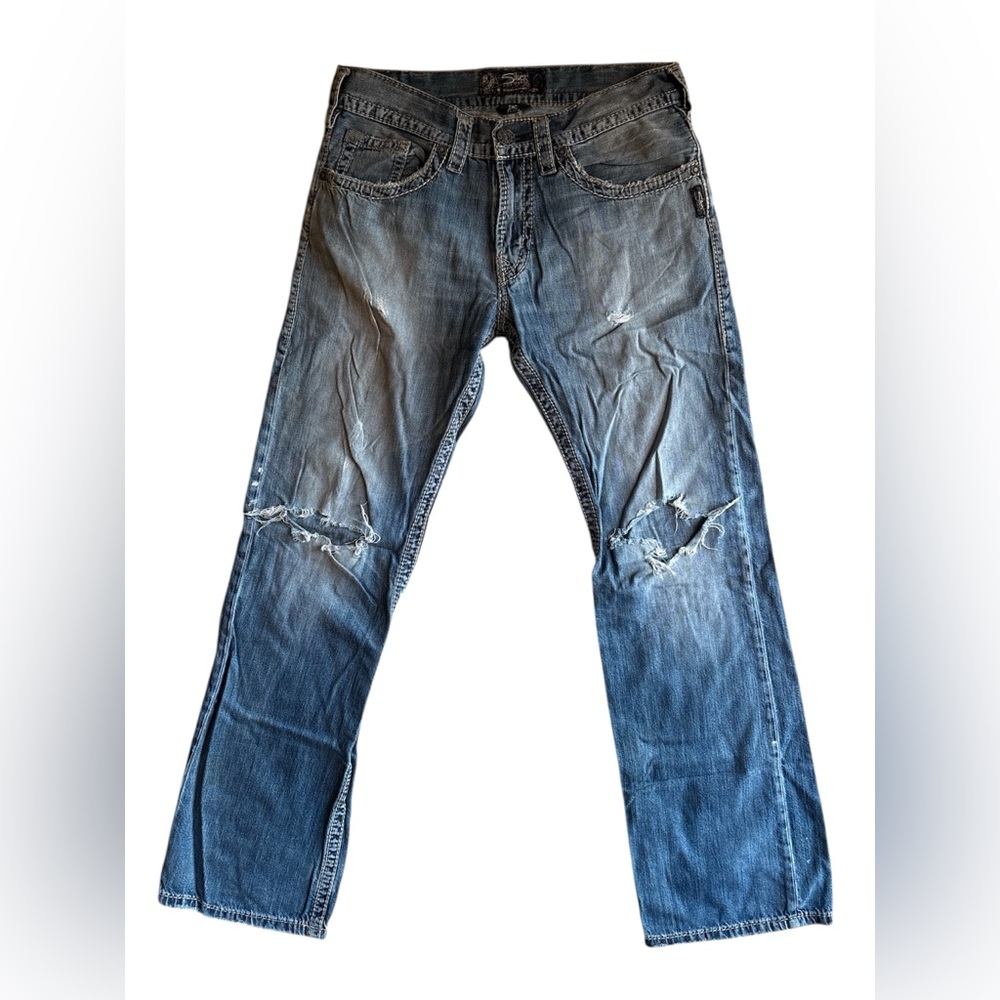 Silver Jeans Co Zac Flap Men’s Jeans 32x31 Blue Distressed Ripped Denim